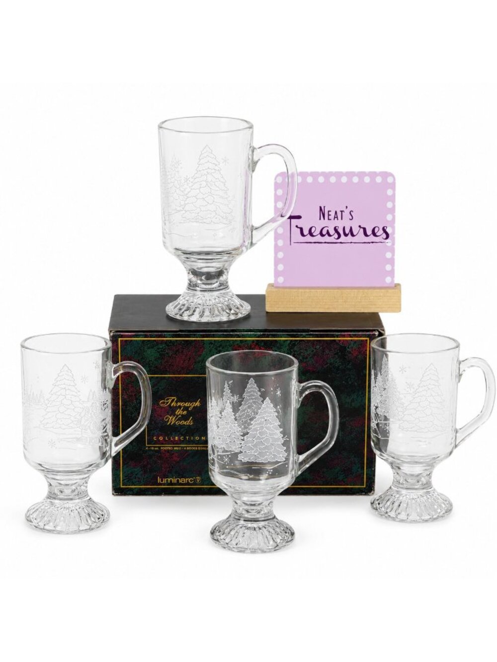 Luminarc THROUGH THE WOODS Footed Irish Coffee Clear 10oz Glass Mugs Set 4 NEW